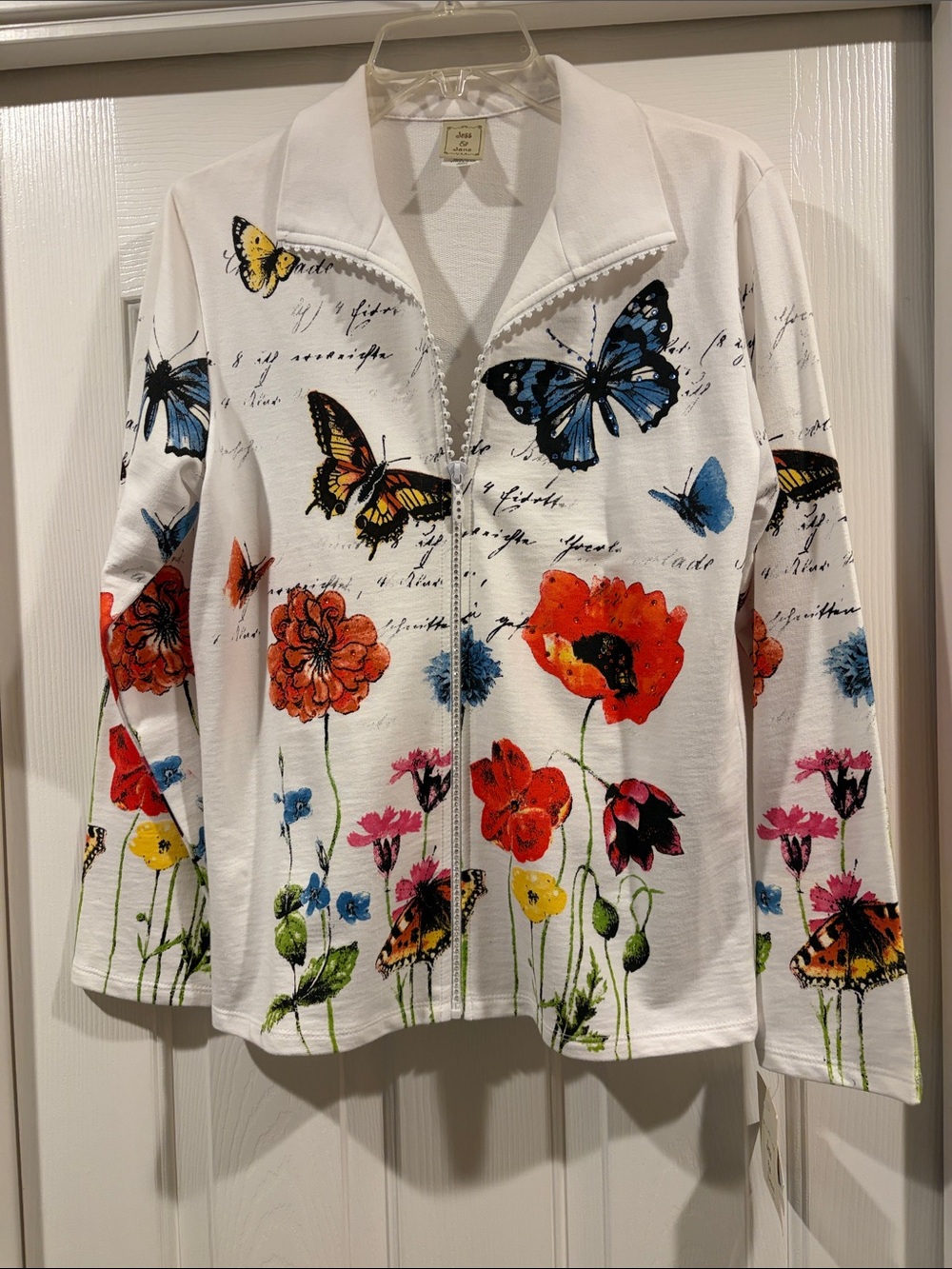 Jess & Jane White Floral & Butterfly Zip Jacket lightweight size S NWT - Picture 3 of 7